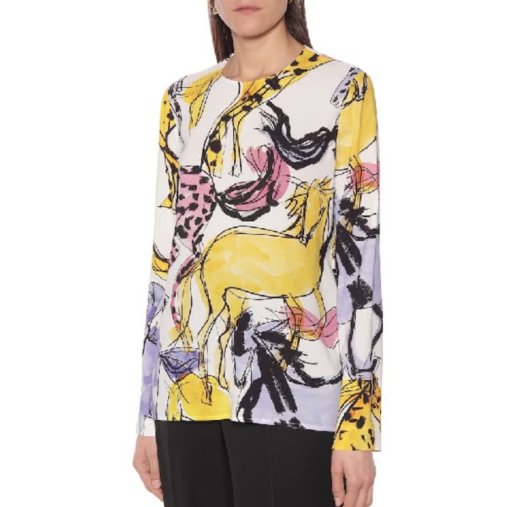 BNWT Stella McCartney Long-sleeve Watercolor-horse Print Stretch Crepe Blouse.